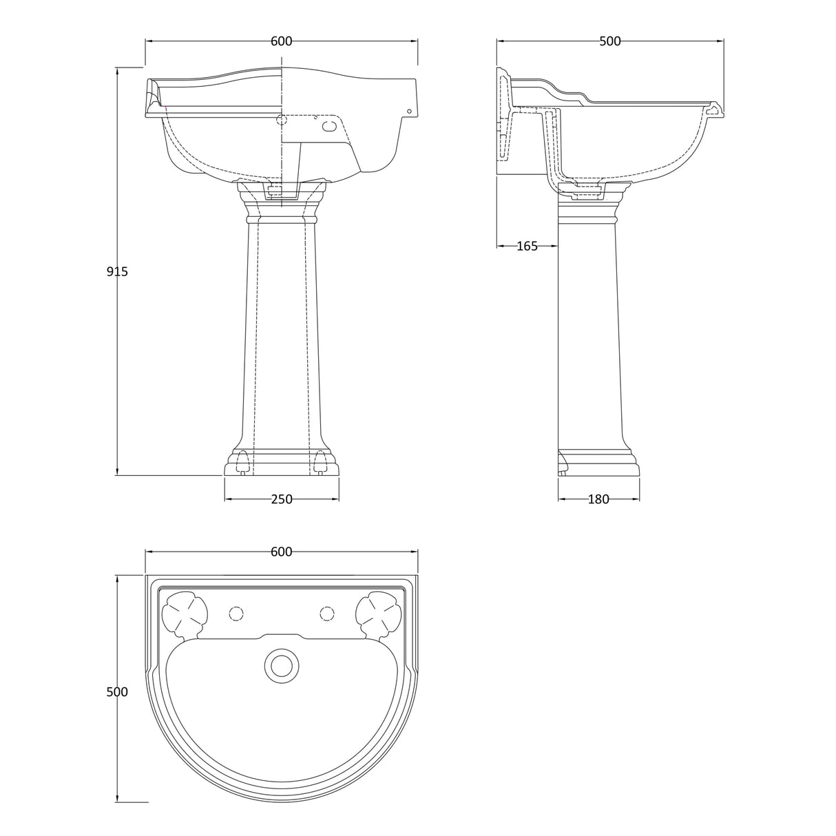 Old London Chancery Basin & Full Pedestal, 2 Tap Hole White CRT003 LD