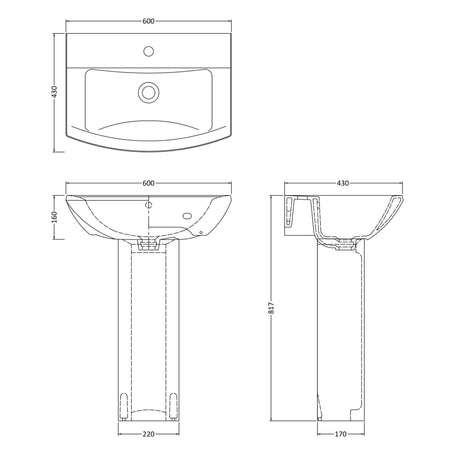 Nuie Asselby Basin & Full Pedestal 600mm wide - 1 Tap Hole CSS002 LD