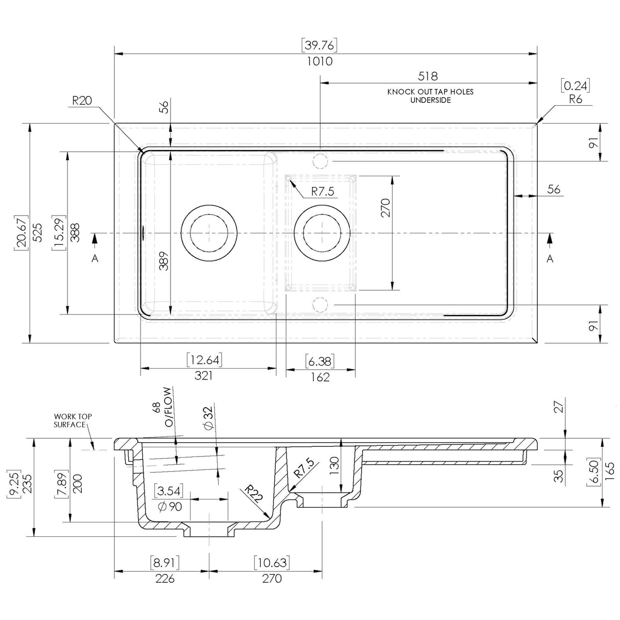 Nuie Modern 1.5 Bowl Ceramic Inset Kitchen Sink & Drainer White Reversible 1010mm x 525mm CT115TF1000 LD