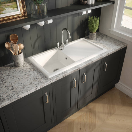 Nuie Modern 1.0 Bowl Ceramic Inset Kitchen Sink & Drainer White Reversible 1010mm x 525mm CT11TF1010 LS
