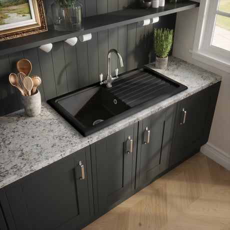 Nuie 1.0 Bowl Ceramic Inset Kitchen Sink & Drainer Soft Black Reversible 1010mm x 525mm CT41T1010 LS