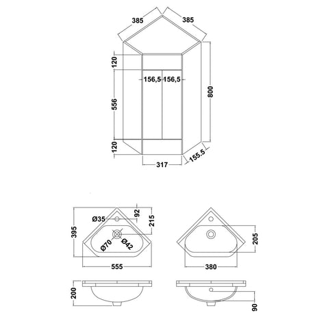 Nuie Mayford Floor Standing 1 Door Corner Vanity Unit & Basin Gloss White Gloss White CU001 LD