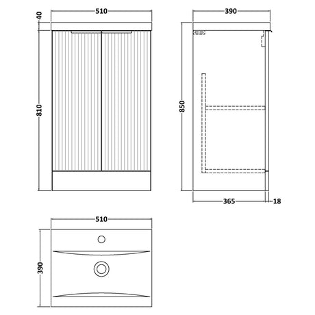 Hudson Reed Fluted 500mm Freestanding Vanity Unit & Basin, 2 Drawer Soft Black DFF1423A LD