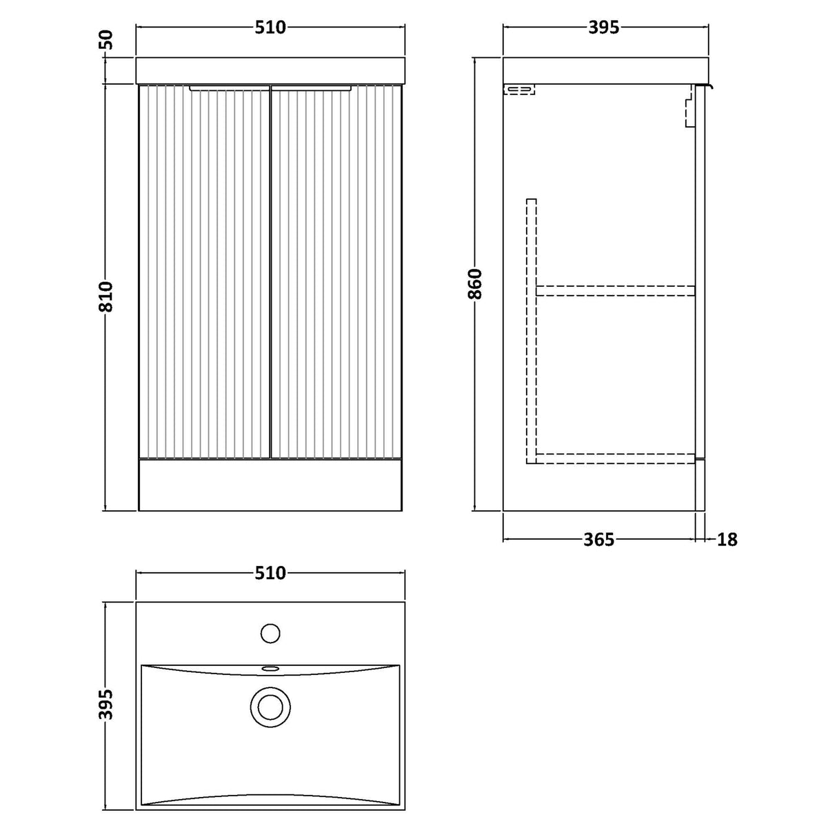 Hudson Reed Fluted 500mm Freestanding Vanity Unit & Basin, 2 Door Soft Black DFF1423D LD