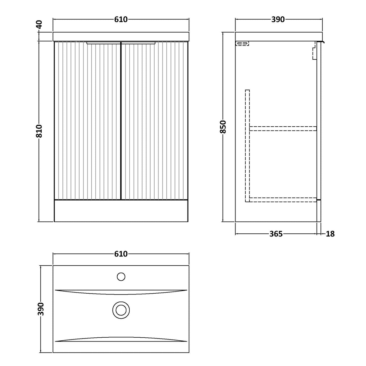 Hudson Reed Fluted 600mm Freestanding Vanity Unit & Basin, 2 Drawer Soft Black DFF1425A LD