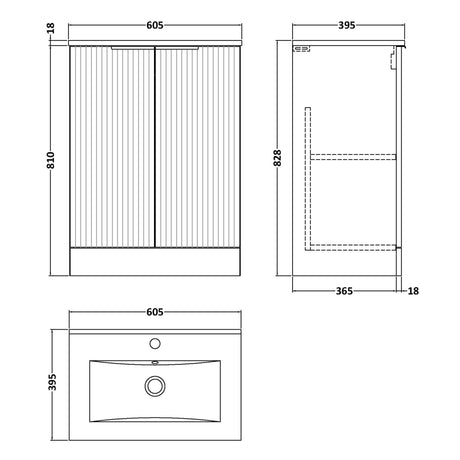 Hudson Reed Fluted 600mm Freestanding Vanity Unit & Basin, 2 Drawer Soft Black DFF1425B LD