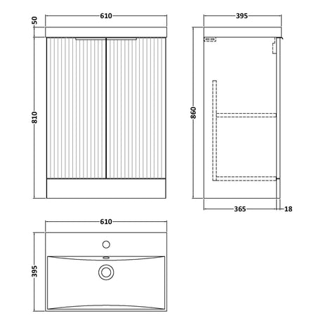 Hudson Reed Fluted 600mm Freestanding Vanity Unit & Basin, 2 Drawer Soft Black DFF1425D LD