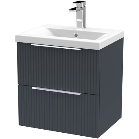 Hudson Reed Fluted 500mm Wall Hung Vanity Unit & Basin, 2 Drawer Soft Black DFF1492A