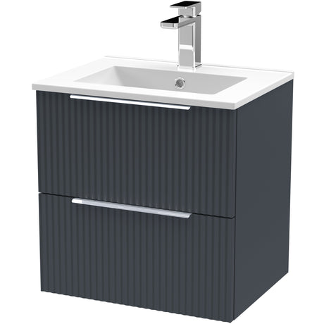 Hudson Reed Fluted 500mm Wall Hung Vanity Unit & Basin, 2 Drawer Soft Black DFF1492B