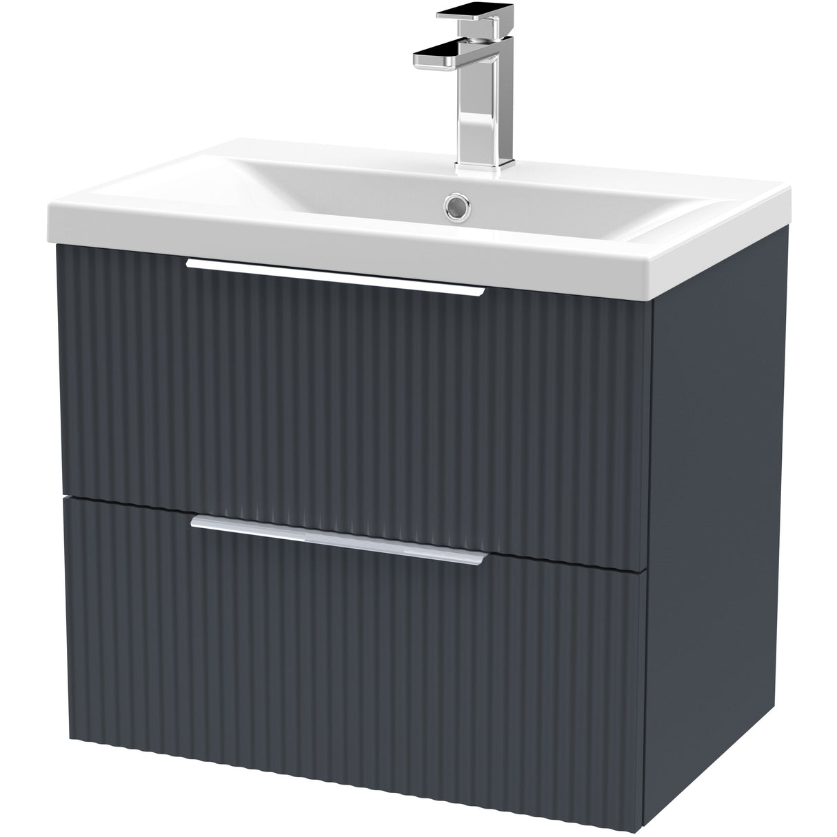 Hudson Reed Fluted 600mm Wall Hung Vanity Unit & Basin, 2 Drawer Soft Black DFF1493A