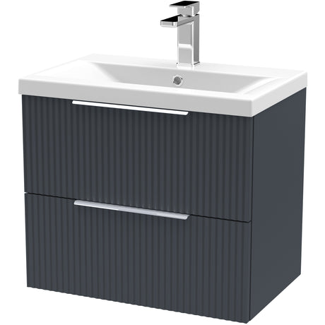 Hudson Reed Fluted 600mm Wall Hung Vanity Unit & Basin, 2 Drawer Soft Black DFF1493A