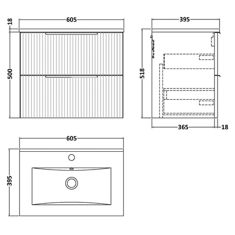 Hudson Reed Fluted 600mm Wall Hung Vanity Unit & Basin, 2 Drawer Soft Black DFF1493B LD