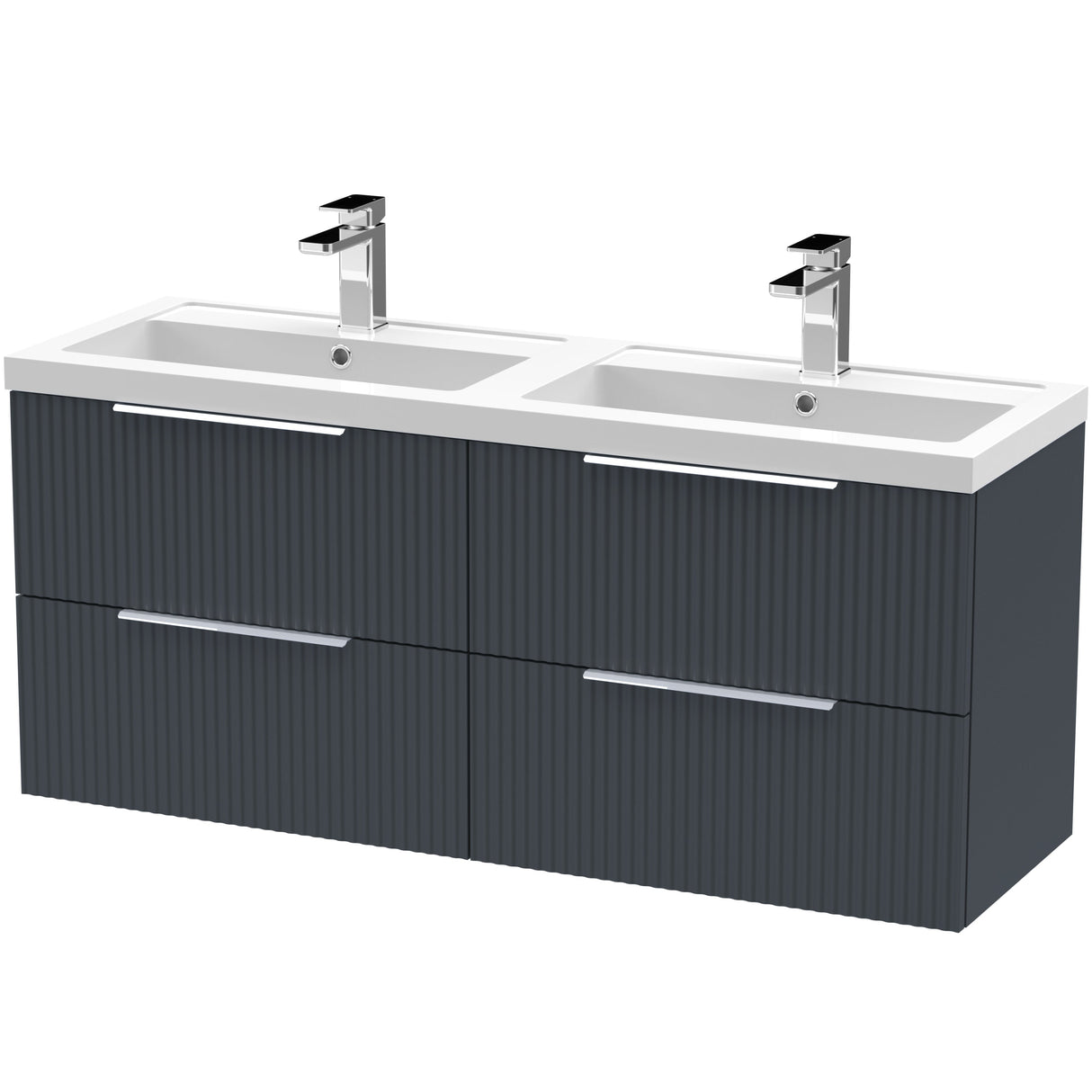 Hudson Reed Fluted 1200mm Wall Hung Double Vanity Unit & Basin, 4 Drawers Soft Black DFF1493C