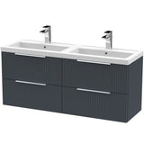 Hudson Reed Fluted 1200mm Wall Hung Double Vanity Unit & Basin, 4 Drawers Soft Black DFF1493C