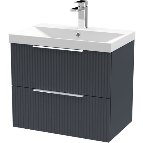 Hudson Reed Fluted 600mm Wall Hung Vanity Unit & Basin, 2 Drawer Soft Black DFF1493D