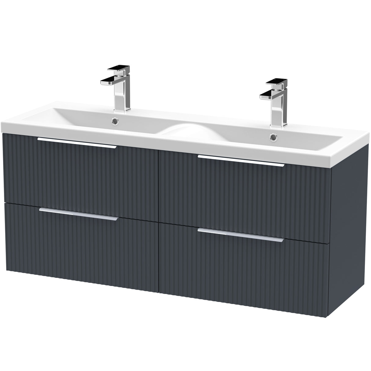 Hudson Reed Fluted 1200mm Wall Hung Double Vanity Unit & Basin, 4 Drawers Soft Black DFF1493F