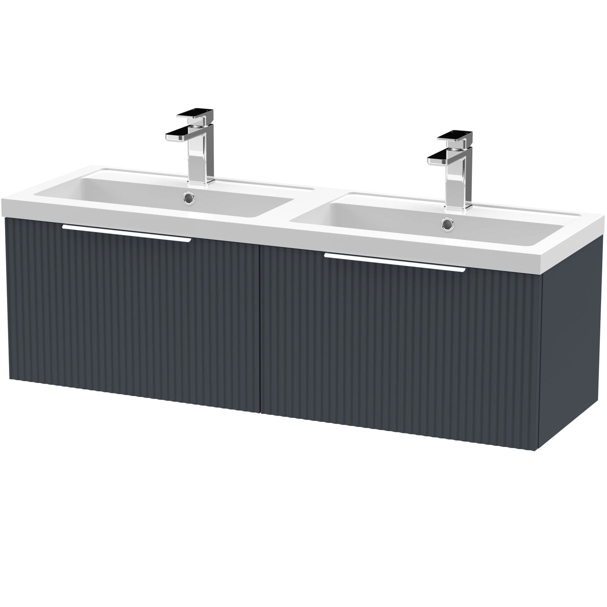 Hudson Reed Fluted 1200mm Wall Hung Double Vanity Unit & Basin, 2 Drawers Soft Black DFF1494C