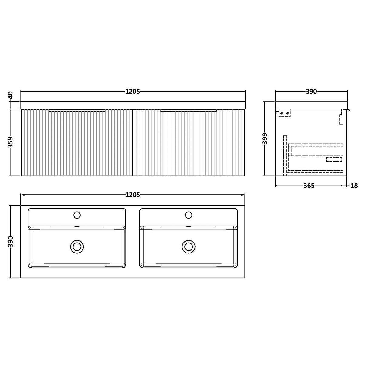 Hudson Reed Fluted 1200mm Wall Hung Double Vanity Unit & Basin, 2 Drawers Soft Black DFF1494C LD