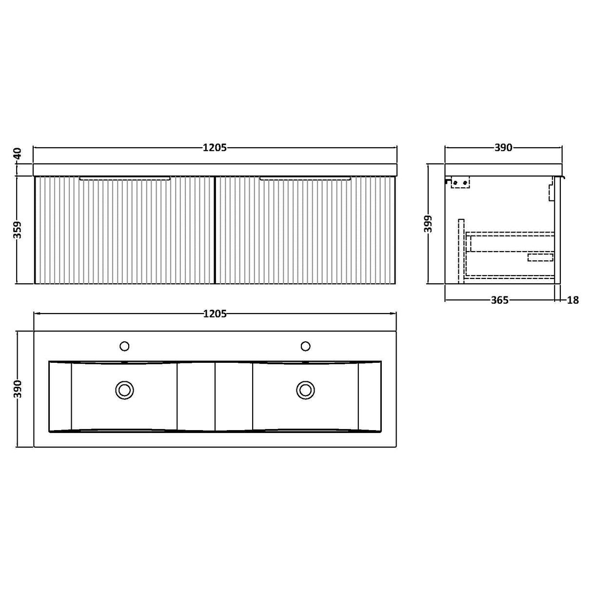 Hudson Reed Fluted 1200mm Wall Hung Double Vanity Unit & Basin, 2 Drawers Soft Black DFF1494F LD