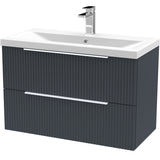 Hudson Reed Fluted 800mm Wall Hung Vanity Unit & Basin, 2 Drawer Soft Black DFF1495A
