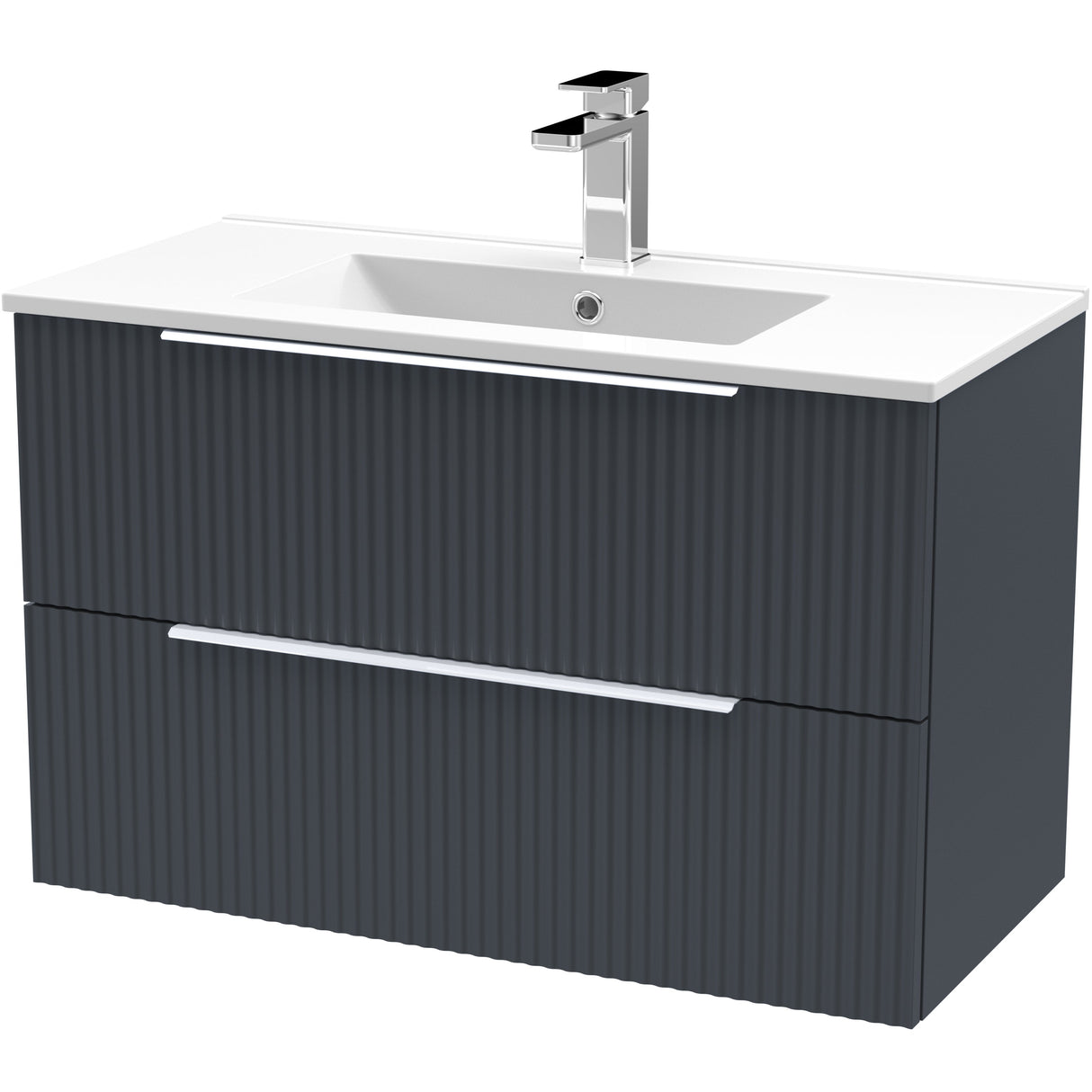 Hudson Reed Fluted 800mm Wall Hung Vanity Unit & Basin, 2 Drawer Soft Black DFF1495B
