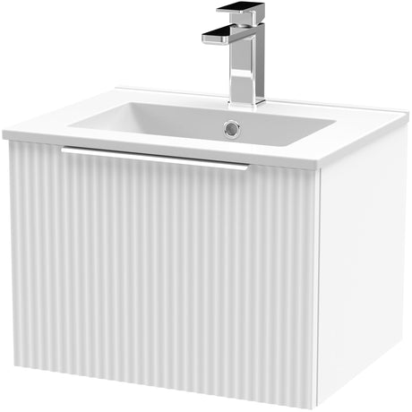 Hudson Reed Fluted 500mm Wall Hung Vanity Unit & Basin, 1 Drawer Satin White DFF191B