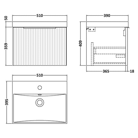 Hudson Reed Fluted 500mm Wall Hung Vanity Unit & Basin, 1 Drawer Satin White DFF191D LD