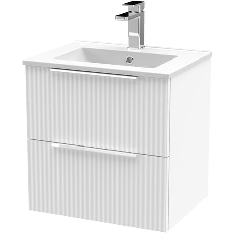 Hudson Reed Fluted 500mm Wall Hung Vanity Unit & Basin, 2 Drawer Satin White DFF192B