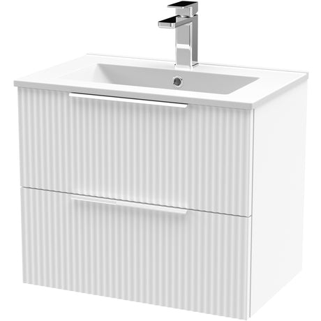 Hudson Reed Fluted 600mm Wall Hung Vanity Unit & Basin, 2 Drawer Satin White DFF193B