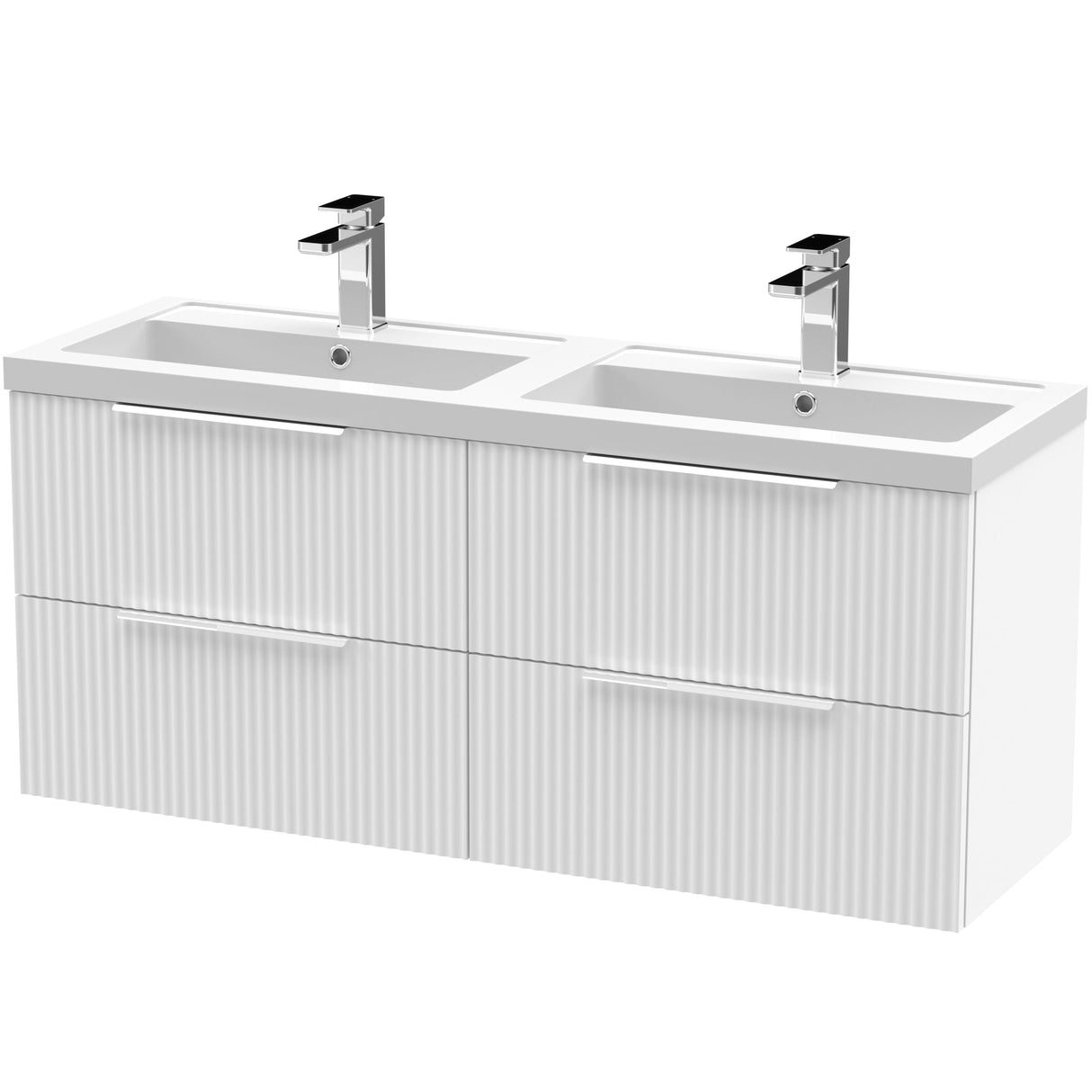 Hudson Reed Fluted 1200mm Wall Hung Double Vanity Unit & Basin, 4 Drawers Satin White DFF193C