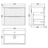 Hudson Reed Fluted 600mm Wall Hung Vanity Unit & Basin, 2 Drawer Satin White DFF193D LD