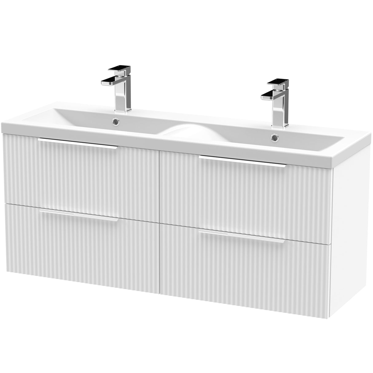 Hudson Reed Fluted 1200mm Wall Hung Double Vanity Unit & Basin, 4 Drawers Satin White DFF193F