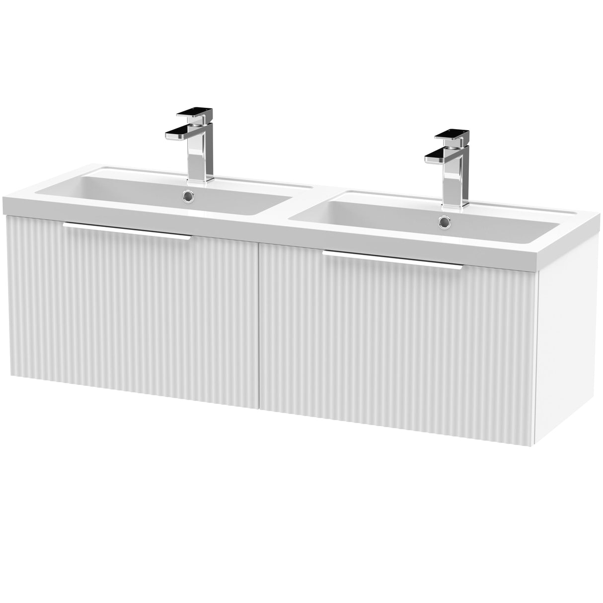 Hudson Reed Fluted 1200mm Wall Hung Double Vanity Unit & Basin, 2 Drawers Satin White DFF194C