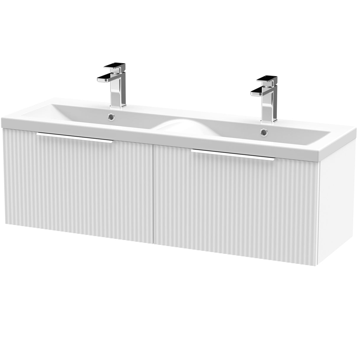 Hudson Reed Fluted 1200mm Wall Hung Double Vanity Unit & Basin, 2 Drawers Satin White DFF194F