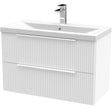 Hudson Reed Fluted 800mm Wall Hung Vanity Unit & Basin, 2 Drawer Satin White DFF195A