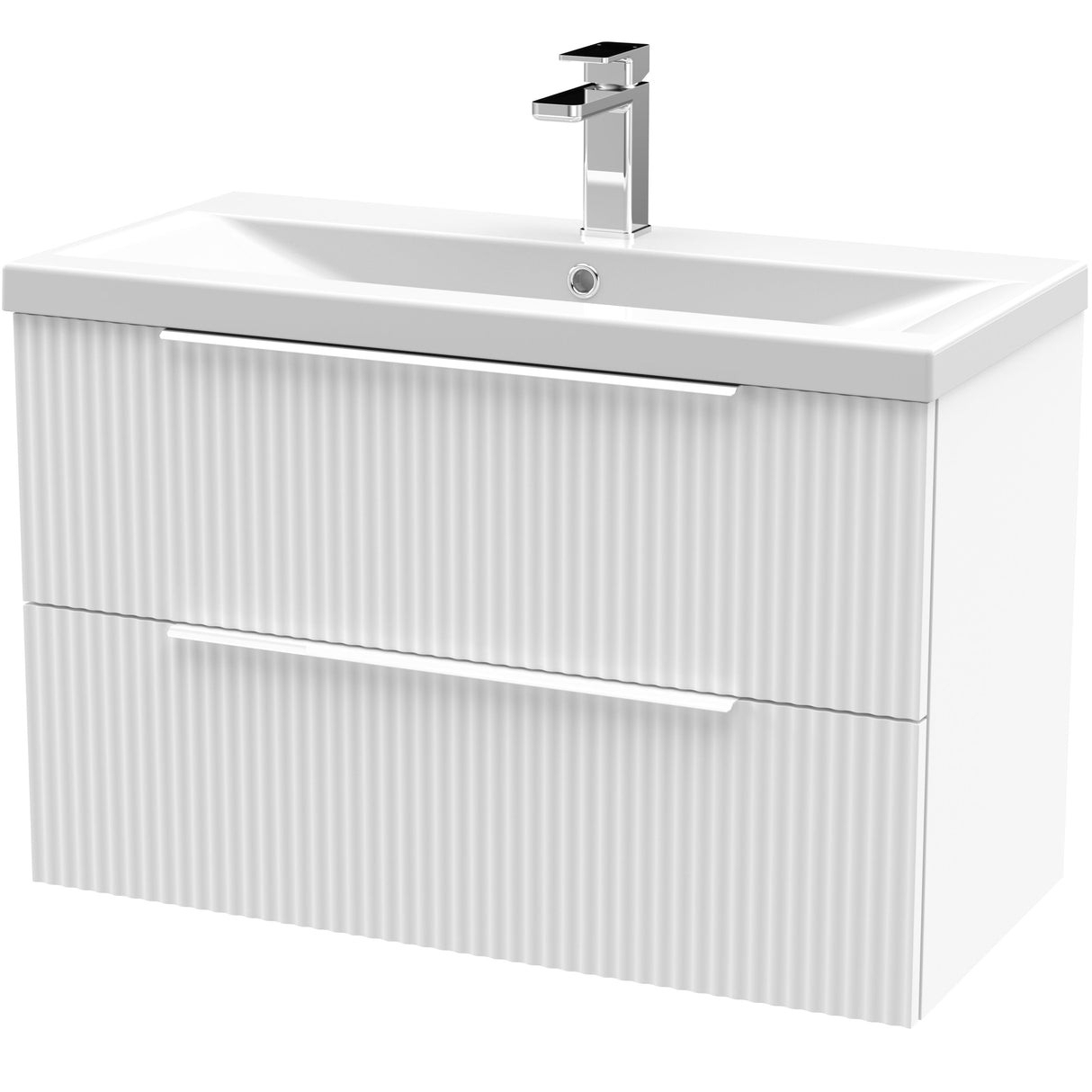 Hudson Reed Fluted 800mm Wall Hung Vanity Unit & Basin, 2 Drawer Satin White DFF195A