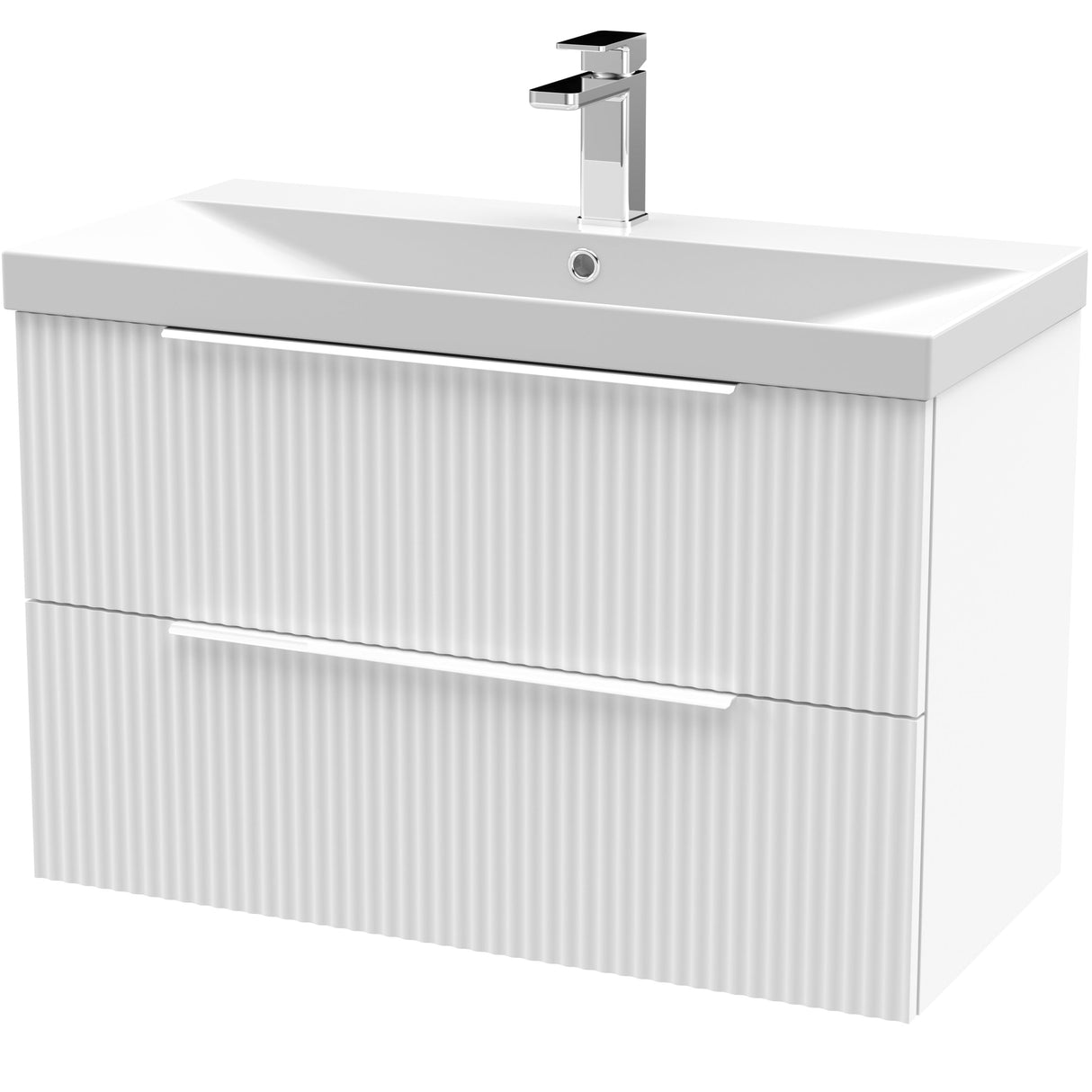 Hudson Reed Fluted 800mm Wall Hung Vanity Unit & Basin, 2 Drawer Satin White DFF195D