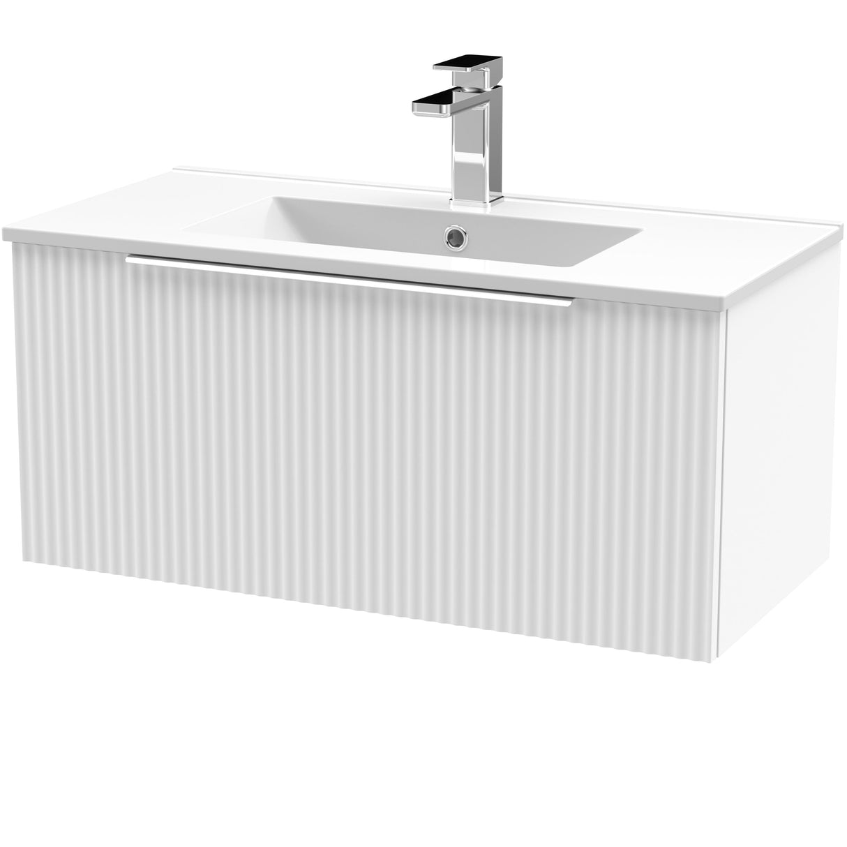 Hudson Reed Fluted 800mm Wall Hung Vanity Unit & Basin, 1 Drawer Satin White DFF196B