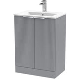 Hudson Reed Fluted 600mm Freestanding Vanity Unit & Basin, 2 Drawer Satin Grey DFF225B