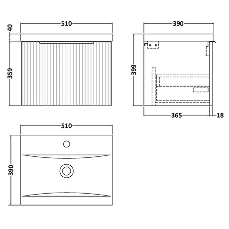 Hudson Reed Fluted 500mm Wall Hung Vanity Unit & Basin, 1 Drawer Satin Grey DFF291A LD