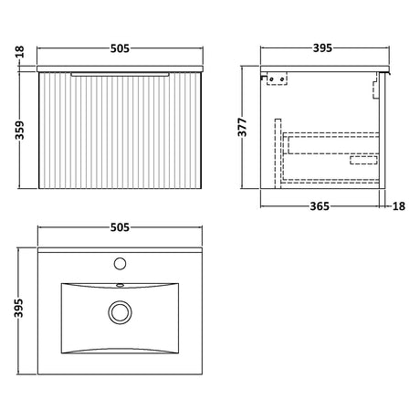 Hudson Reed Fluted 500mm Wall Hung Vanity Unit & Basin, 1 Drawer Satin Grey DFF291B LD
