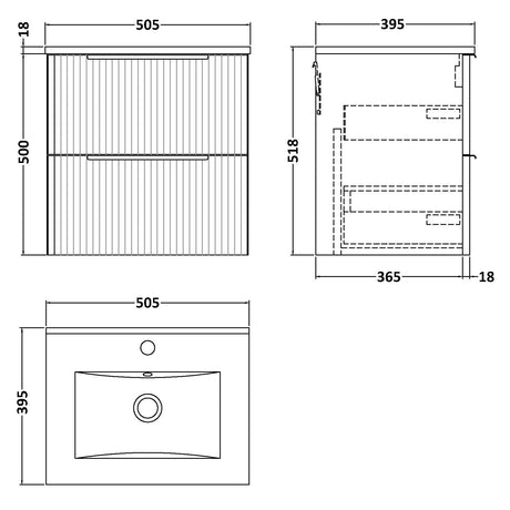 Hudson Reed Fluted 500mm Wall Hung Vanity Unit & Basin, 2 Drawer Satin Grey DFF292B LD