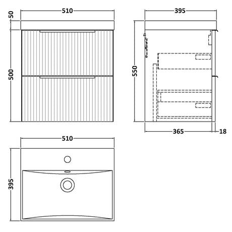 Hudson Reed Fluted 500mm Wall Hung Vanity Unit & Basin, 2 Drawer Satin Grey DFF292D LD