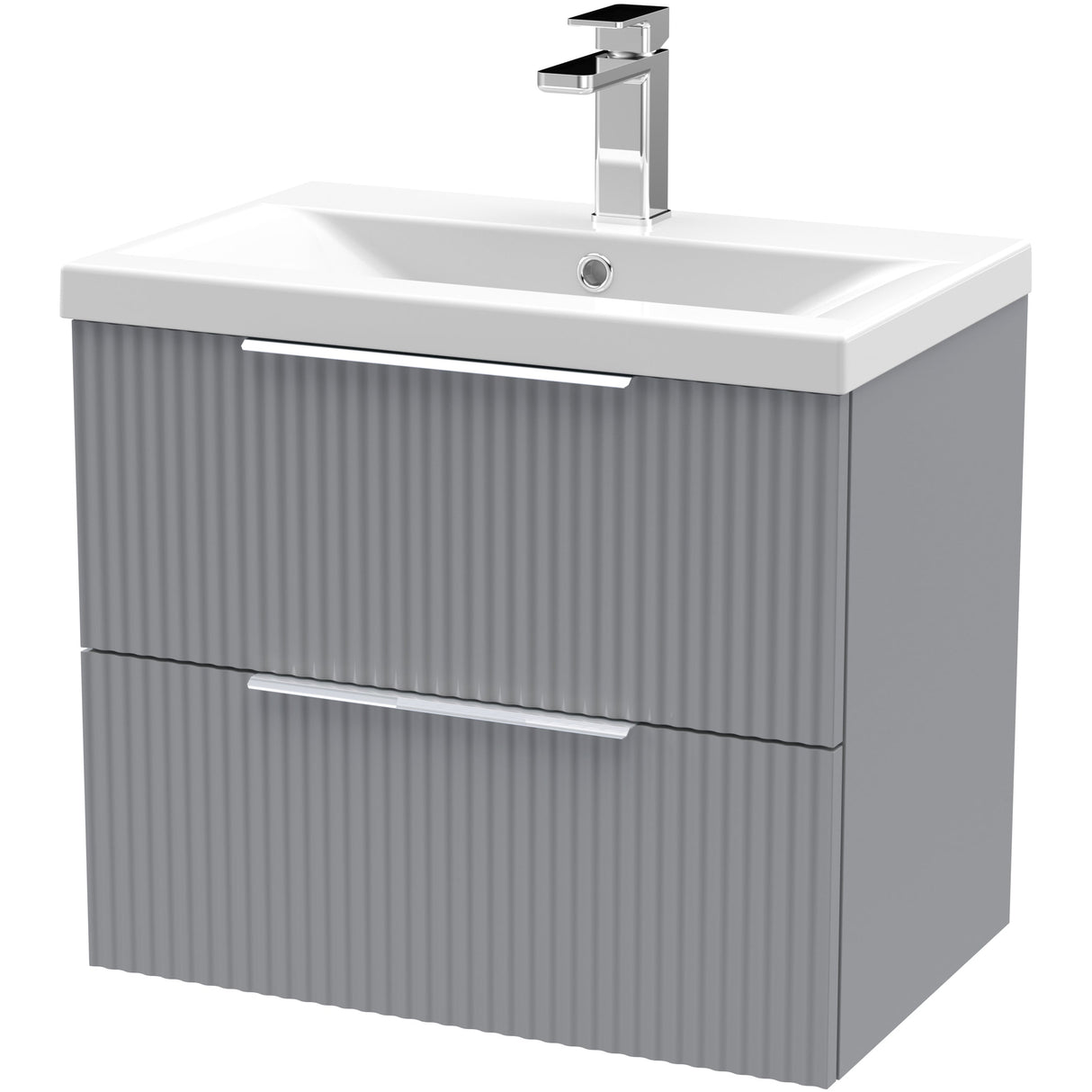 Hudson Reed Fluted 600mm Wall Hung Vanity Unit & Basin, 2 Drawer Satin Grey DFF293A