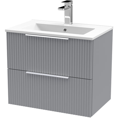 Hudson Reed Fluted 600mm Wall Hung Vanity Unit & Basin, 2 Drawer Satin Grey DFF293B