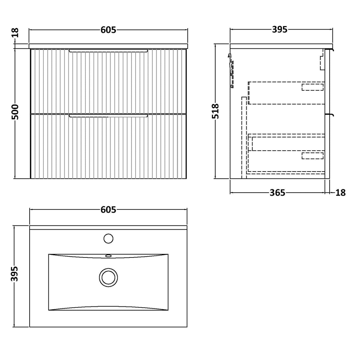 Hudson Reed Fluted 600mm Wall Hung Vanity Unit & Basin, 2 Drawer Satin Grey DFF293B LD