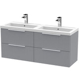 Hudson Reed Fluted 1200mm Wall Hung Double Vanity Unit & Basin, 4 Drawers Satin Grey DFF293C