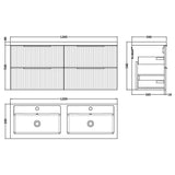 Hudson Reed Fluted 1200mm Wall Hung Double Vanity Unit & Basin, 4 Drawers Satin Grey DFF293C LD