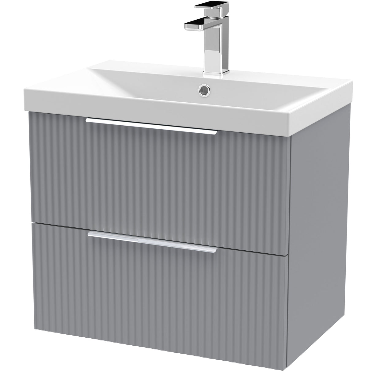 Hudson Reed Fluted 600mm Wall Hung Vanity Unit & Basin, 2 Drawer Satin Grey DFF293D