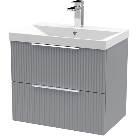 Hudson Reed Fluted 600mm Wall Hung Vanity Unit & Basin, 2 Drawer Satin Grey DFF293D